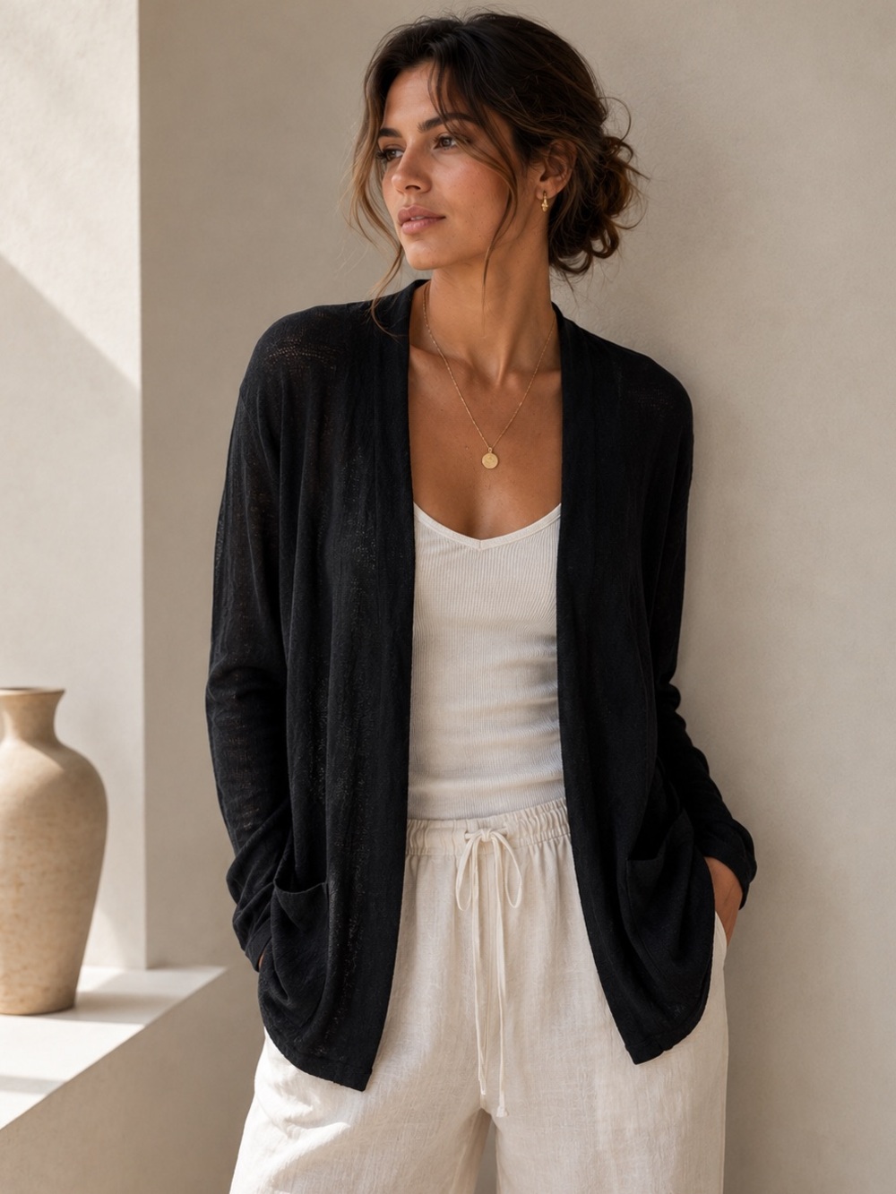 J. Jill Linen Blend Minimalist Closet Staple Black Open Front Cardigan Size M/P